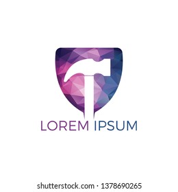 Hammer With Shield Logo Design. Hammer Protection Logo Design Template. Renovation or repairment vector logo design concept.