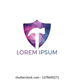Hammer With Shield Logo Design. Hammer Protection Logo Design Template. Renovation or repairment vector logo design concept.