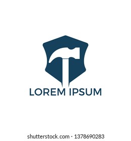 Hammer With Shield Logo Design. Hammer Protection Logo Design Template. Renovation or repairment vector logo design concept.