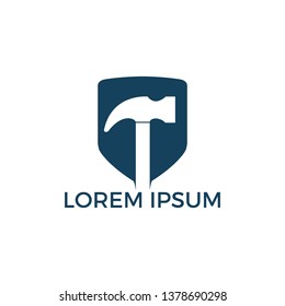 Hammer With Shield Logo Design. Hammer Protection Logo Design Template. Renovation or repairment vector logo design concept.