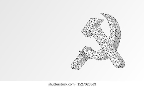 Hammer and sickle. Abstract, digital, wireframe, low poly mesh, vector white origami 3d illustration. USSR, Soviet Union proletarian solidarity symbol, communism sign. Triangle, line, dot