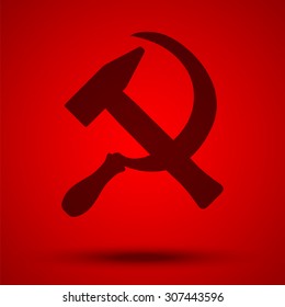 Hammer and sickle. Main Soviet political symbol. Red communist emblem. Vector illustration. Poster for  socialist, Marxist and left-wing political movements.