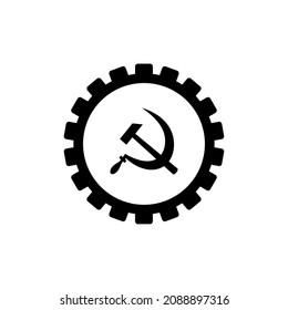 Hammer And Sickle With Mechanical Gear Isolatedon White Background. Socialist Worker Symbol