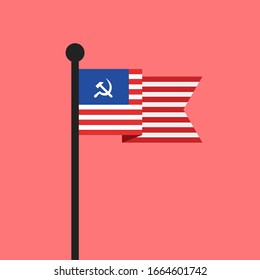 Hammer and sickle on American flag - Socialism and communism in United States of America. Vector illustration.