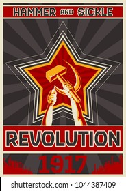 Hammer and Sickle. Stylization under the Old Soviet Revolution Propaganda