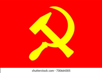 Hammer and sickle.  Symbol of Soviet Union. Vector illustration. Yellow symbols on a red background. Concept of communist alliance of workers and peasants.