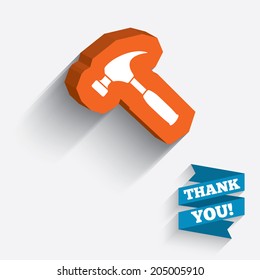 Hammer sign icon. Repair service symbol. White icon on orange 3D piece of wall. Carved in stone with long flat shadow. Vector