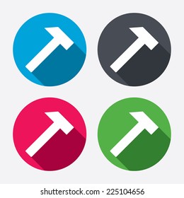 Hammer sign icon. Repair service symbol. Circle buttons with long shadow. 4 icons set. Vector
