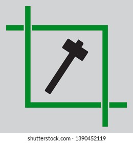 Hammer sign illustration. Black icon inside green crop tool at light gray background