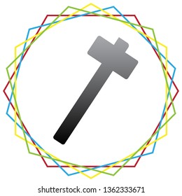 Hammer sign illustration. Vector. Black icon with patch of light inside colorful hexagonal frames at white background.