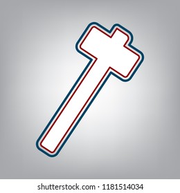 Hammer sign illustration. Vector. Dark red, transparent and midnight green stroke of white icon at grayish background.
