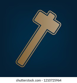Hammer sign illustration. Vector. Golden icon and border at dark cyan background.