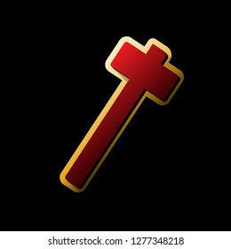 Hammer sign illustration. Vector. Red icon with small black and limitless shadows at golden sticker on black background.