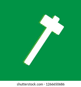 Hammer sign illustration. Vector. White flat icon with yellow striped shadow at green background.