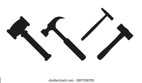Hammer silhouette vector set. Several hammers for various purposes. Judge gavel, auction gavel, carpenter hammer, shoemaker and sledgehammer.