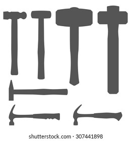 Hammer silhouette. Vector set of various types of hammers: mallet, sledgehammer, maul, claw hammer. Hand tools. Outline isolated on white background. 