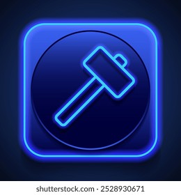Hammer simple icon vector. Flat design. Blue neon style on button. With shadow.ai