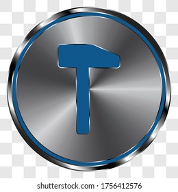 Hammer simple icon, vector on metal round button. Transparent grid