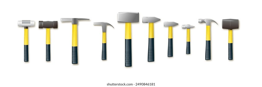 Hammer and sledgehammers with rubber and wooden handles. carpenter industry concept. Vector