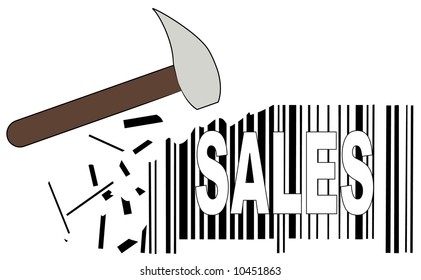hammer smashing down sales barcode - slashed prices - vector