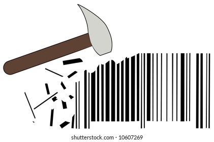 hammer smashing out pieces of barcode - lowering prices - vector