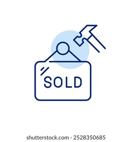 Hammer and sold sign. Property, real estate agent. Pixel perfect vector icon