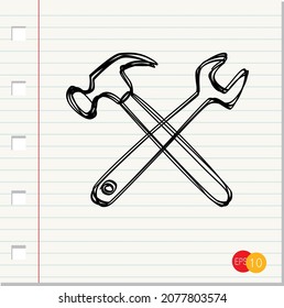 Icono de martillo y spanner en el estilo de doodle en el vector de fondo de papel,ilustración vectorial
