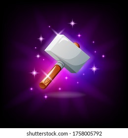 Hammer with sparkles graphic user interface icon, dark background. Fantasy weapon mobile app or video game pictogram. Vector illustration in cartoon style