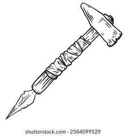 Hammer with spike on handle in hand draw sketch style. Creative art element for tattoo, print, game. Grunge monochrome concept design. Vector illustration.
