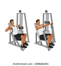 Hammer strength machine. Seated chest press exercise. Flat vector illustration isolated on white background. Workout character