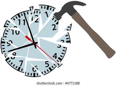 A Hammer Strikes An Alarm Clock To Smash Time To Pieces.