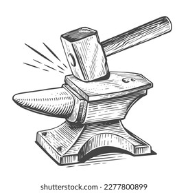 Hammer strikes the anvil. Blacksmith craft, forge, metal workshop concept. Vintage sketch vector illustration