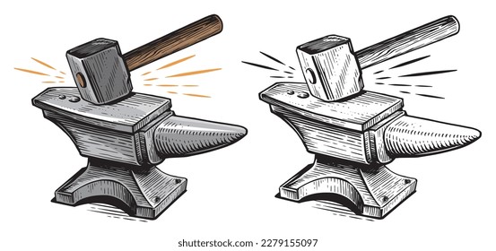 Hammer strikes the anvil, sparks. Blacksmith craft concept. Metal working tools. Sketch vintage vector illustration