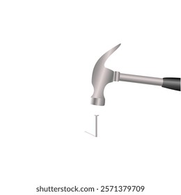 Hammer strikes nails. Handyman tool, construction equipment. Vector illustration.	