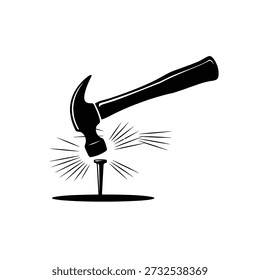 A hammer striking a nail creating a splintering impact effect