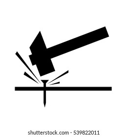 Hammer Striking A Nail, Vector Hit Vector Icon Illustration - Down Striking Beat Logo Silhouette. Hammer Noise Icon. Technology Icon Symbol,