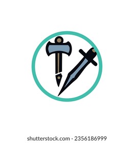 logotipo de martillo y espada plana