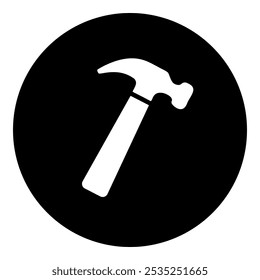 A hammer symbol in the center. Isolated white symbol in black circle. Vector illustration on white background