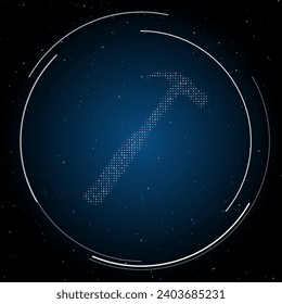 The hammer symbol filled with white dots. Pointillism style. Some dots is pink. Vector illustration on blue background with stars