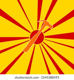 Hammer symbol on a background of red flash explosion radial lines. The large orange symbol is located in the center of the sun, symbolizing the sunrise. Vector illustration on yellow background