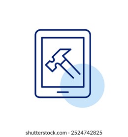 Símbolo de martelo em tablet eletrônico. Reparação de computadores e dispositivos portáteis e engenharia de hardware. Ícone de vetor perfeito de pixel