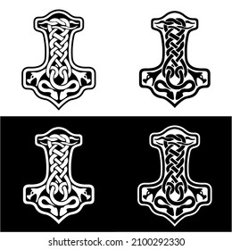 Hammer of Thor Mjolnir Celtic knot, Scandinavian Viking style ornament. Isolated vector illustration. Hand drawing set.