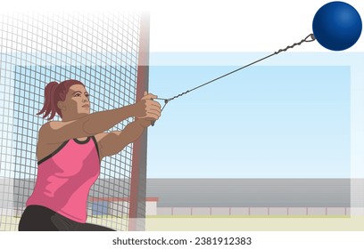 hammer throw, female athlete swinging ball with net and stadium in the background