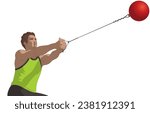 hammer throw, male athlete swinging ball isolated on a white background