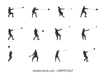 Hammer throw silhouette, Hammer throw vector set, Hammer throw drawing, Hammer throw player vector set. 