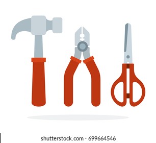 Hammer, tongs and scissors for crafts made of wood vector flat material design isolated on white
