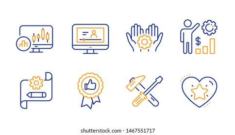 Hammer tool, Cogwheel blueprint and Candlestick chart line icons set. Online video, Employee hand and Employees wealth signs. Positive feedback, Ranking star symbols. Line hammer tool icon. Vector