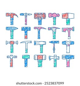 hammer tool construction doodle icons set vector. sketch line art carpentry wood, equipment work, metal repair, mallet carpenter court, hand hammer tool construction color illustrations