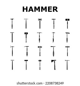 hammer tool construction icons set vector. carpentry wood, equipment work, metal repair, mallet carpenter court, hand steel hammer tool construction glyph pictogram Illustrations