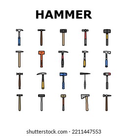 hammer tool construction icons set vector. carpentry wood, equipment work, metal repair, mallet carpenter court, hand steel hammer tool construction color line illustrations
